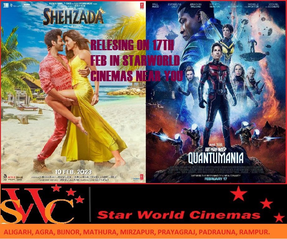 Big releases next week at Starworld Cinemas 
#TheAntManQuantummania 3D #Shezada *Ing Kartik Aryan 
17 Feb 2023 in cinemas

Booking online at bookmyshow.in or call +91 7703006444 
✨ #Prayagraj #PrayagrajSocial #BusinessWorldPrayagraj #Allahabad #StarworldCinemas #Movies