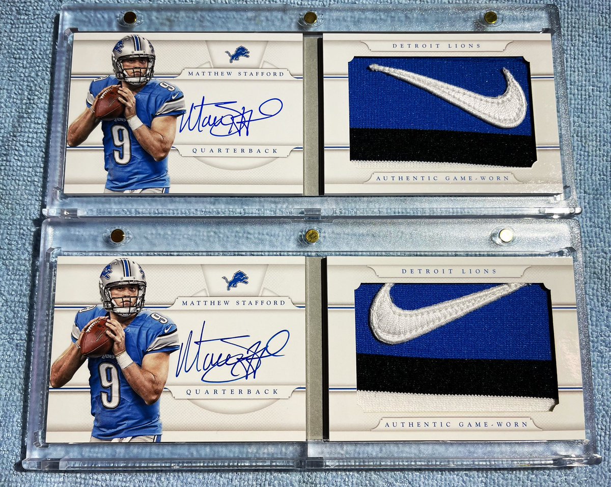 Finally found the /2 of this booklet. Only took 10 years. 2013 National Treasures Matthew Stafford Nike swoosh booklet. #matthewstafford #nationaltreasures #nationaltreasuresfootball #paniniamerica #NIKE