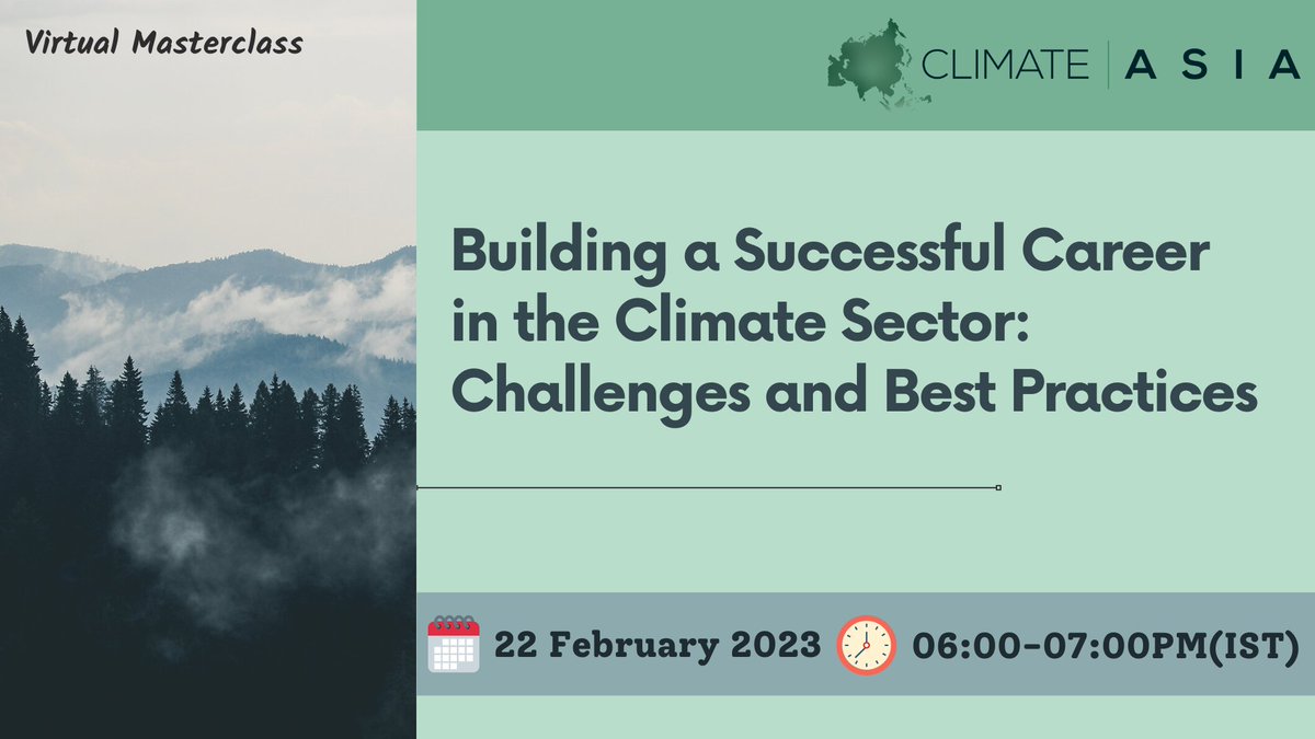 asia_climate's tweet image. #MasterclassAlert

We are conducting an insightful masterclass on- Building a Successful Career in the Climate Sector: Challenges and Best Practices.

Register at- forms.gle/ziPviRkAgKzm5R…

Date: 22 Feb 23
Time: 06:00-07:00 PM (IST)
Stay tuned for updates on the speaker &amp;amp; more!