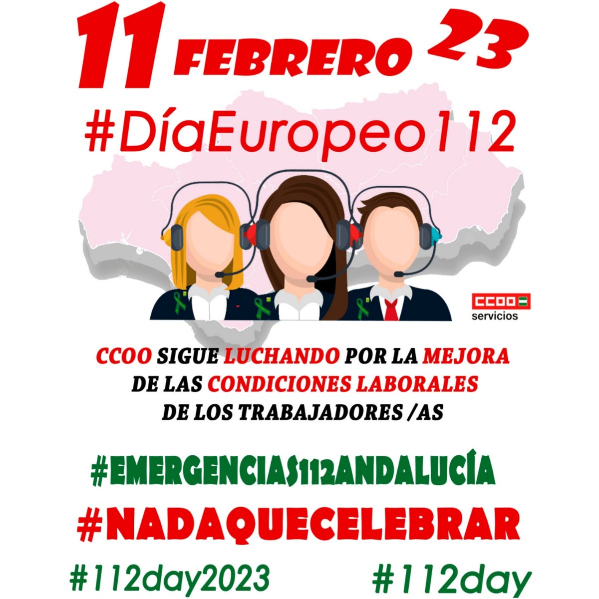 112ANDALUCIARLT's tweet photo. Desde @112ANDALUCIARLT seguimos luchando para que #Emergencias112Andalucía tenga #CondicionesDignas112And
#DíaEuropeo112, #112day2023, #112day, #112live, #european112day, #HumansOf112, #European112Day
El Día 11 de Febrero de 2023 seguimos en lucha 💪#Nadaquecelebrar https://t.co/Gi0VZZUTaG