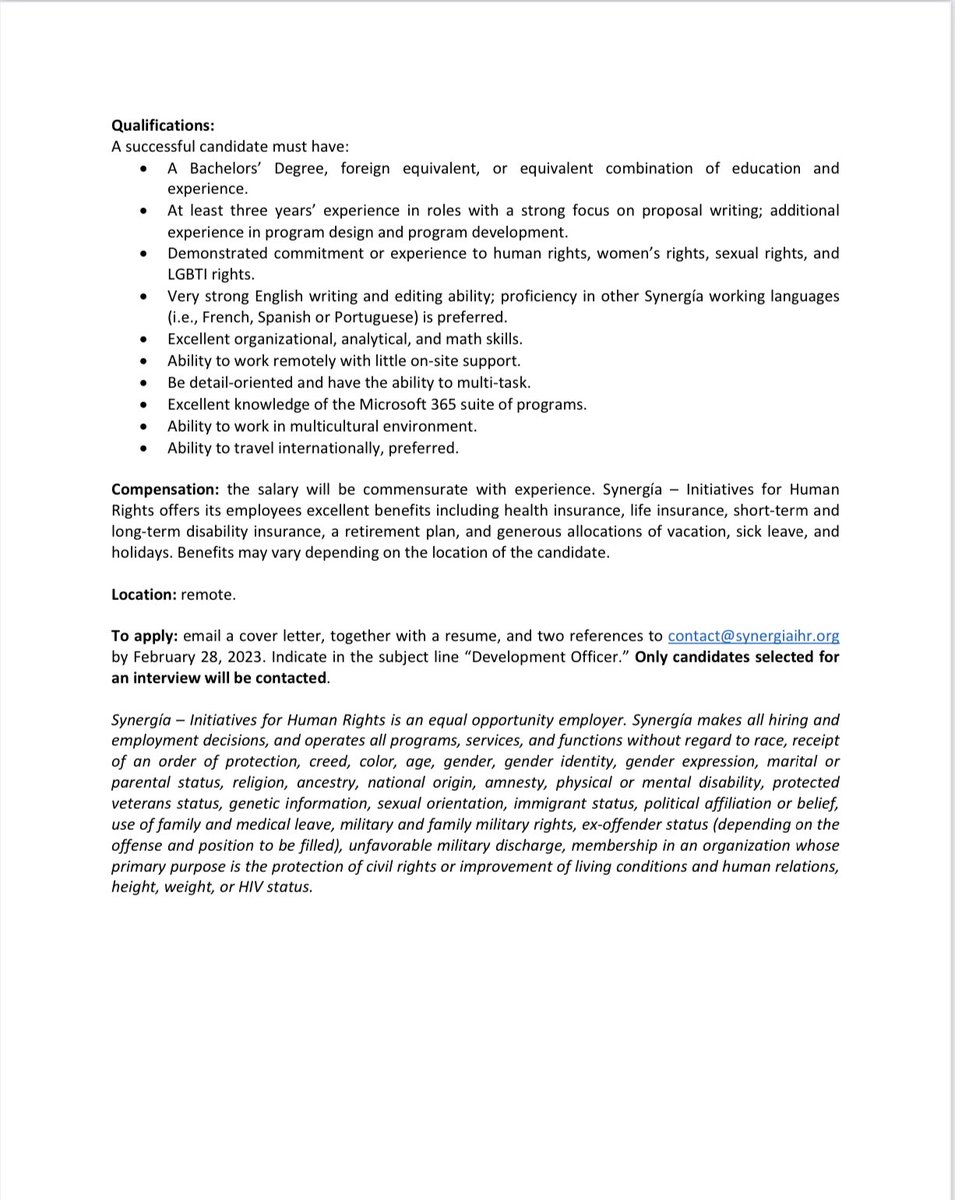 Synergía - IHR (@synergiaihr) on Twitter photo We are hiring a Development Officer! To apply: email a cover letter, together with a resume, and two references to contact@synergiaihr.org by February 28, 2023. Indicate in the subject line “Development Officer.” We are hiring a Development Officer! To apply: email a cover letter, together with a resume, and two references to contact@synergiaihr.org by February 28, 2023. Indicate in the subject line “Development Officer.”