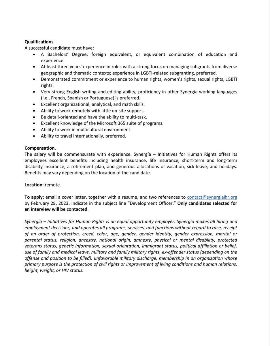 Synergía - IHR (@synergiaihr) on Twitter photo We are hiring a Subgrant Manager! To apply: email a cover letter, together with a resume, and two references to contact@synergiaihr.org by February 28, 2023. Indicate in the subject line “Subgrant Manager.” We are hiring a Subgrant Manager! To apply: email a cover letter, together with a resume, and two references to contact@synergiaihr.org by February 28, 2023. Indicate in the subject line “Subgrant Manager.”