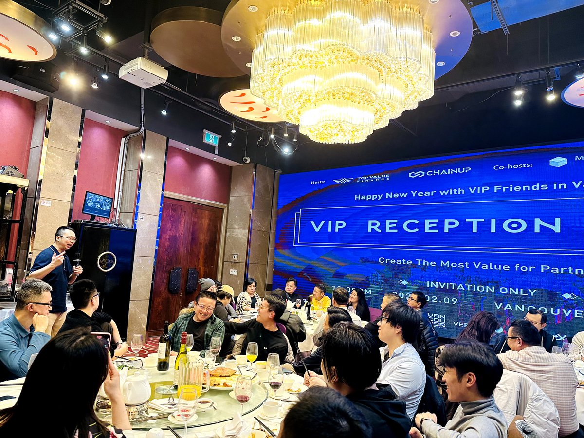 TopValueFinance's tweet photo. The Vancouver New Year VIP Dinner was a massive success!👏🏻
@ChainUpOfficial @MetaverseLabs @GetaverseGlobal 

Along with 36 industry leaders, we had a fun night discussing topics such as #Blockchain #Technology #Finance #Security #DID #Fintech #AI #CHATGPT

See you at the next!✨ https://t.co/3QfkeCjLgH