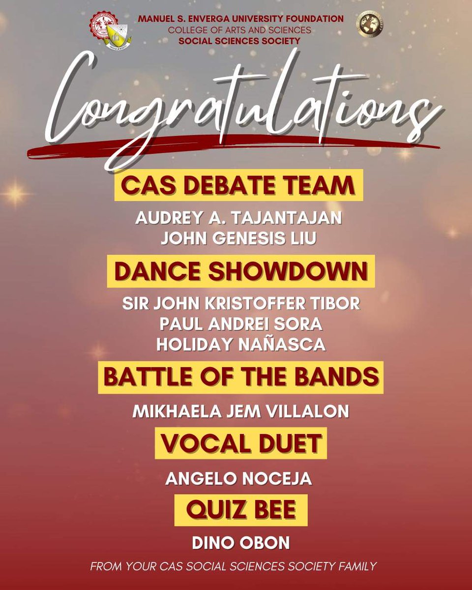 MSEUF_SSS's tweet photo. Heartfelt congratulations to the very own members of CAS Social Sciences Society who have competed and made us proud. No one can compare to the passion and talents you have all showcased. #YanAngCAS โจ
We could not be more proud. Baka SokSay โyan! ๐โ๐ผ๐ https://t.co/O0m5nGcKZZ