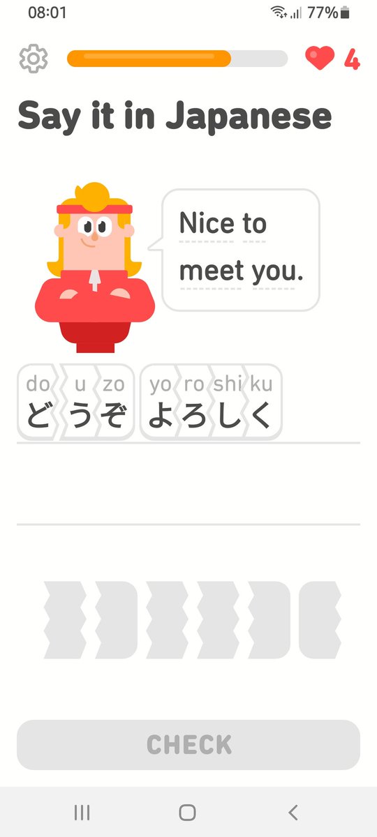 als72's tweet photo. @duolingo please can you fix the glitch in the learning Japanese lesson on how to introduce your self.  It's  very frustrating.  I have reported this bug and its still a problem. You are unable to move on from here unless you make a mistake. https://t.co/xtI7bQkj4S