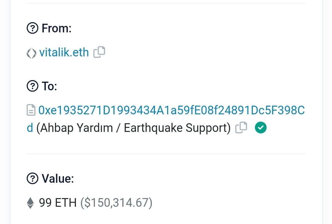 CointelegraphTR's tweet image. Vitalik Buterin, Ahbap'a 99 ETH yardımda bulundu.