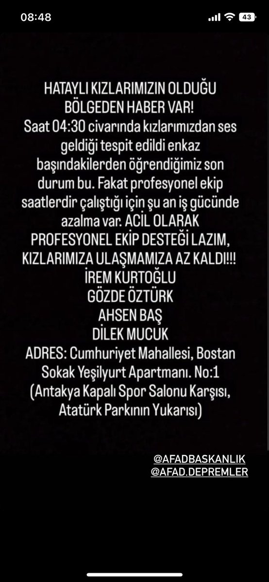 Suph1c4n's tweet photo. #hatayyardimbekliyor #deprem #AFAD #AFADhatay #enkazaltındayım #ACILYARDIM #TurkeyEarthquake @OguzhanUgur @haluklevent @CznBurak @BabalaTv @PincTivi https://t.co/hZXvNlB61Z