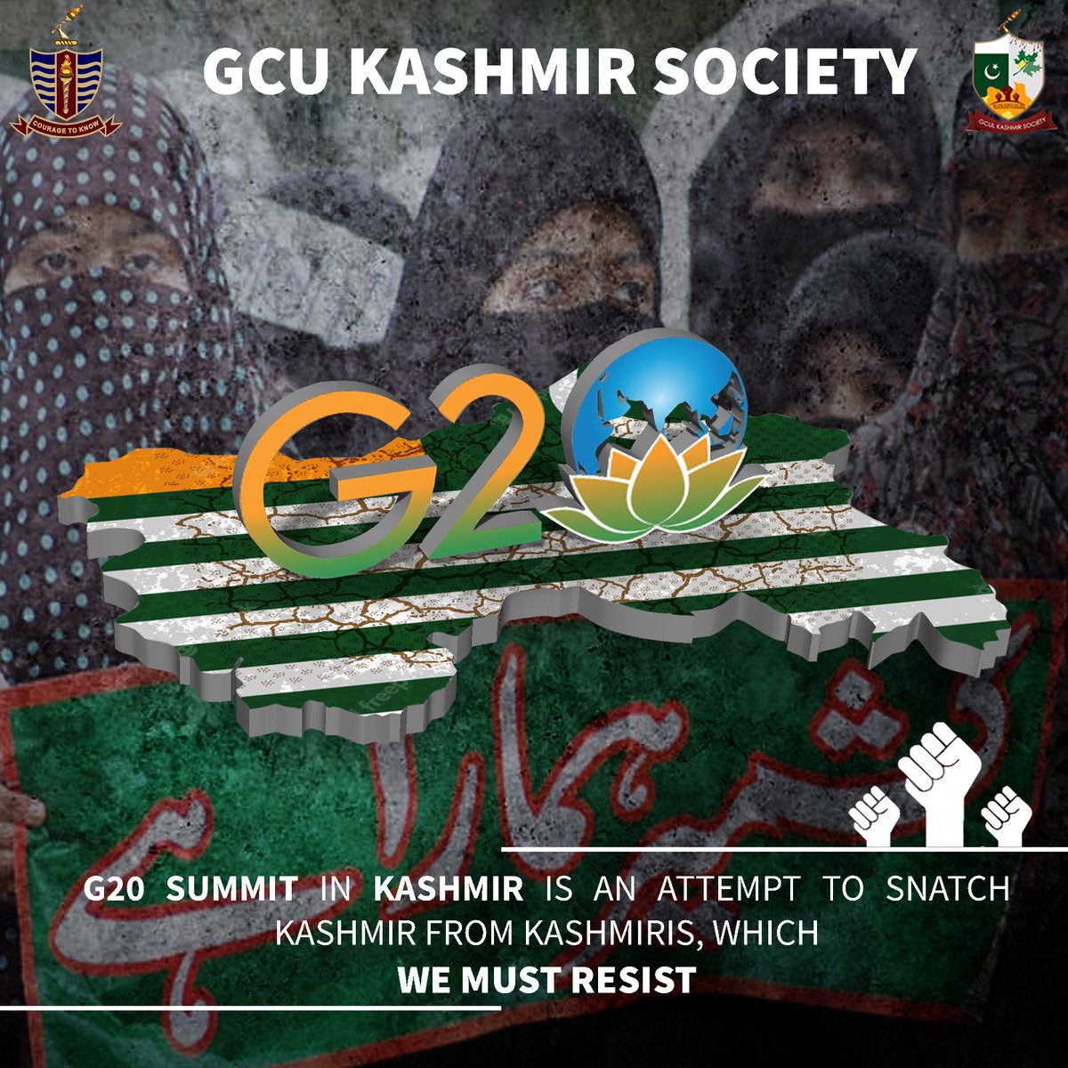 GcuKashmir's tweet photo. We must Resist holding of G20 summit in Kashmir.
@MushaalMullick 
@zaidia 
@BBCpkUrdu_ 
@BBhuttoZardari https://t.co/hPT4ZrXw1L