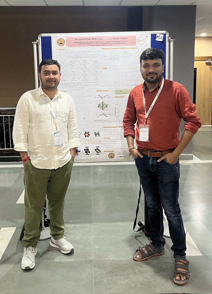 Presented my poster presentation 'Hexagonal Planar[B6H6] within a [B6H12] Borate complex' on the 2nd day of the main group conference at IISER Thiruvananthapuram @tvmiiser @MainTvm #ICMGSC2023 
 #Boron @GhoshLaB_IITM