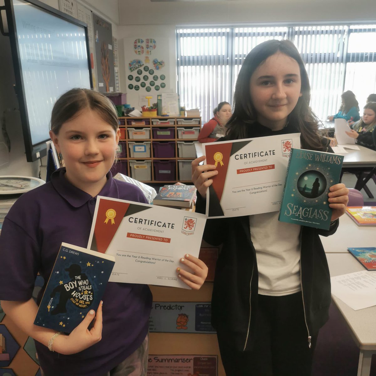CoedcaeSchool's tweet photo. Mrs Scrine has had a busy week- visiting our clusters as part of our Reading Warrior project. She has been blown away with the brilliant work produced by Yr6! Here are just some of our warriors….. Brilliant! https://t.co/w1fpuejlrV