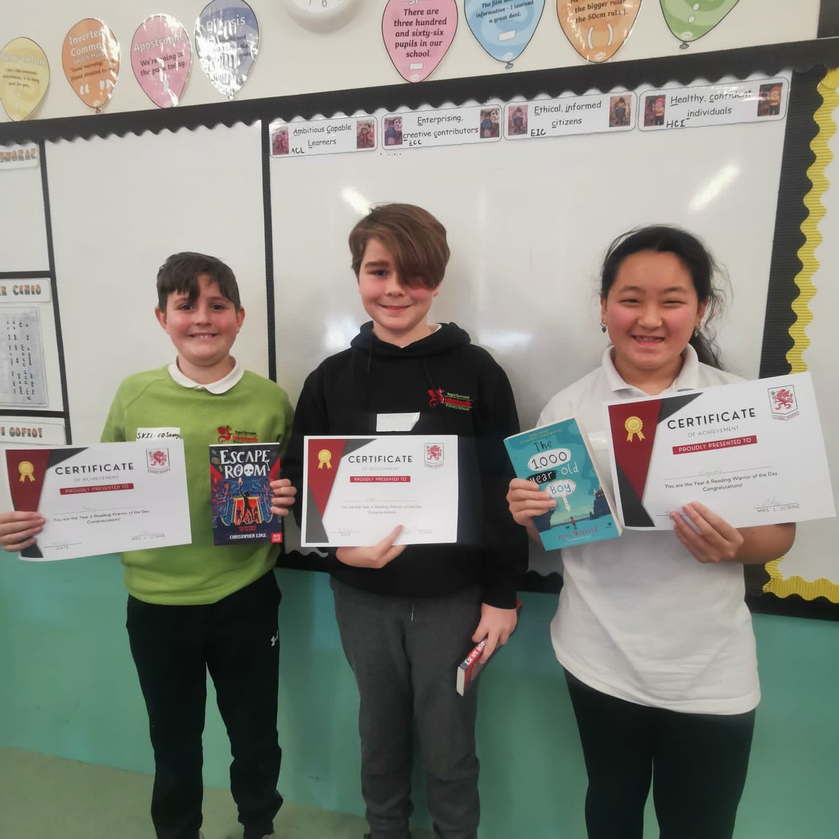 CoedcaeSchool's tweet photo. Mrs Scrine has had a busy week- visiting our clusters as part of our Reading Warrior project. She has been blown away with the brilliant work produced by Yr6! Here are just some of our warriors….. Brilliant! https://t.co/w1fpuejlrV