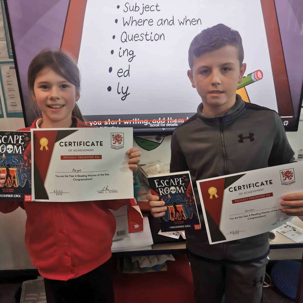CoedcaeSchool's tweet photo. Mrs Scrine has had a busy week- visiting our clusters as part of our Reading Warrior project. She has been blown away with the brilliant work produced by Yr6! Here are just some of our warriors….. Brilliant! https://t.co/w1fpuejlrV
