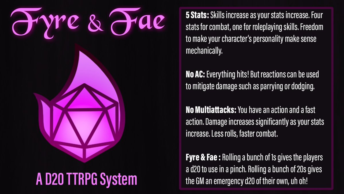 Happy #selfpromosaturday ! Did the first playtest of my original #ttrpg  system Fyre and Fae last week. Currently implementing some changes to improve it! 🔥💜

Don't have much to show off yet, but I would love to see some of ya'll's stuff! Especially if it is✨queer✨
