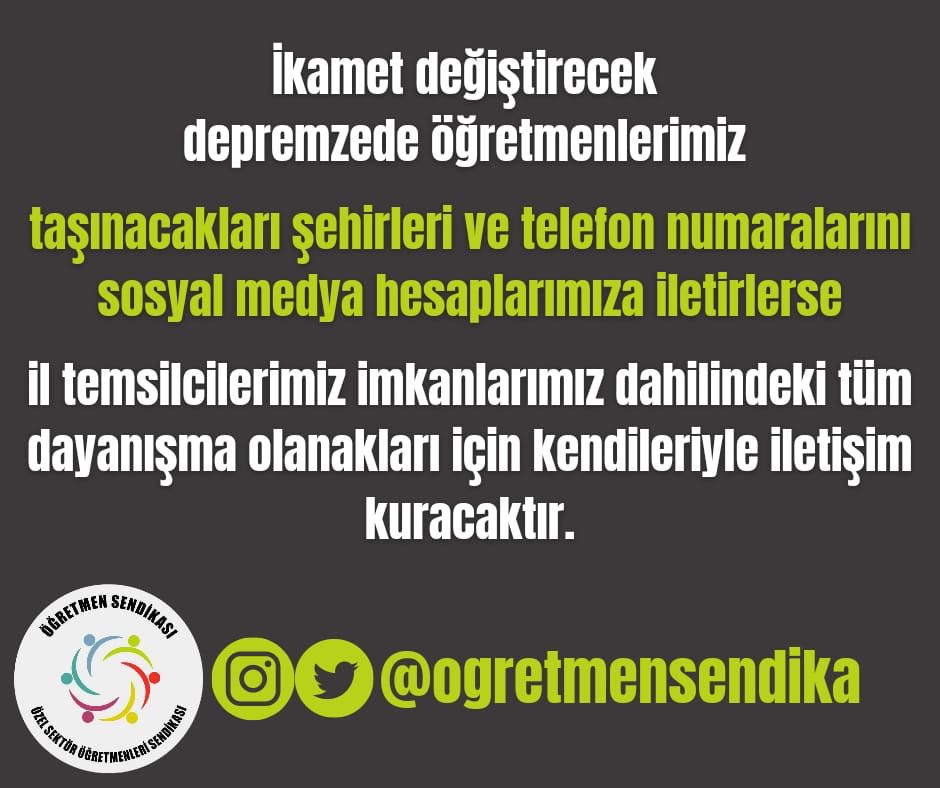 Sendikamız, şehrinden ayrılmak zorunda kalan tüm öğretmen arkadaşlarımızla dayanışma içinde olacaktır. Dayanışmayı birlikte büyütelim.