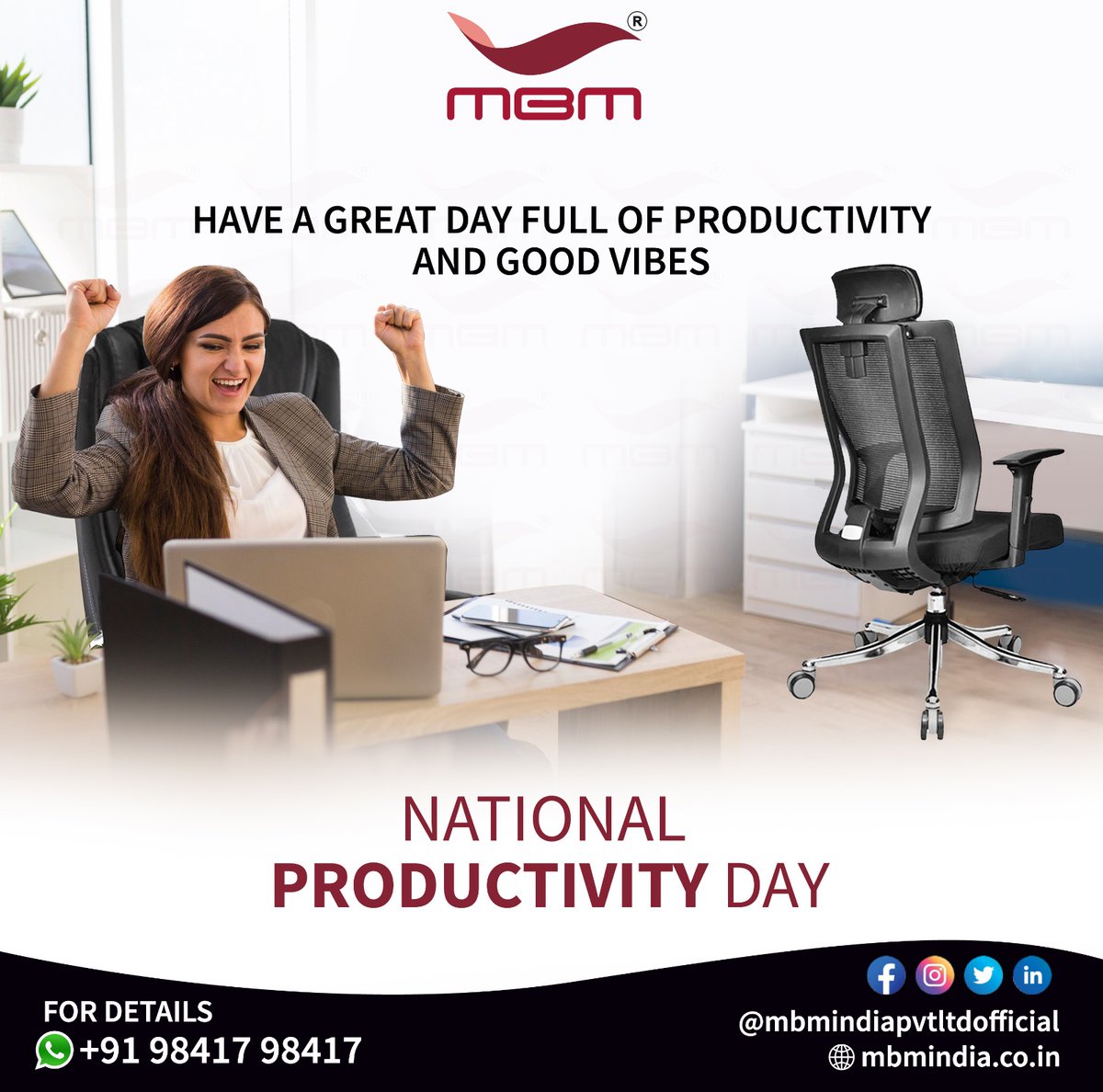 mbmindiapvt2's tweet photo. National productivity Day 2023

#NationalproductivityDay #ProductivityDay #NPC
#India #MBM #MBMCHAIRS #MBMINDIAPVTLTD #chairparts #chairmanufacturers #chairs #makeinindia #Meshback #Chairbackrest #Revolvingchaircomponent #Chaircomponent #Officechairparts https://t.co/mehOvRateX