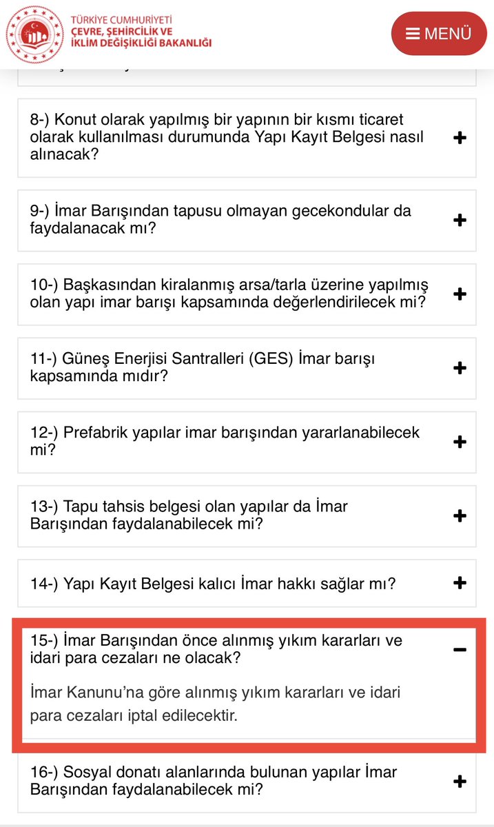 BayraktarOr's tweet photo. Çevre, Şehircilik ve İklim Değişikliği Bakanlığı sitesindeki soru ve yanıt: 

❓İmar Barışı’ndan önce alınmış yıkım kararları ve idari para cezaları ne olacak? 

🔴 İmar Kanunu’na göre alınmış yıkım kararları ve idari para cezaları iptal edilecektir. 

https://t.co/TpIFTtcGvM https://t.co/meD7OhXJdd