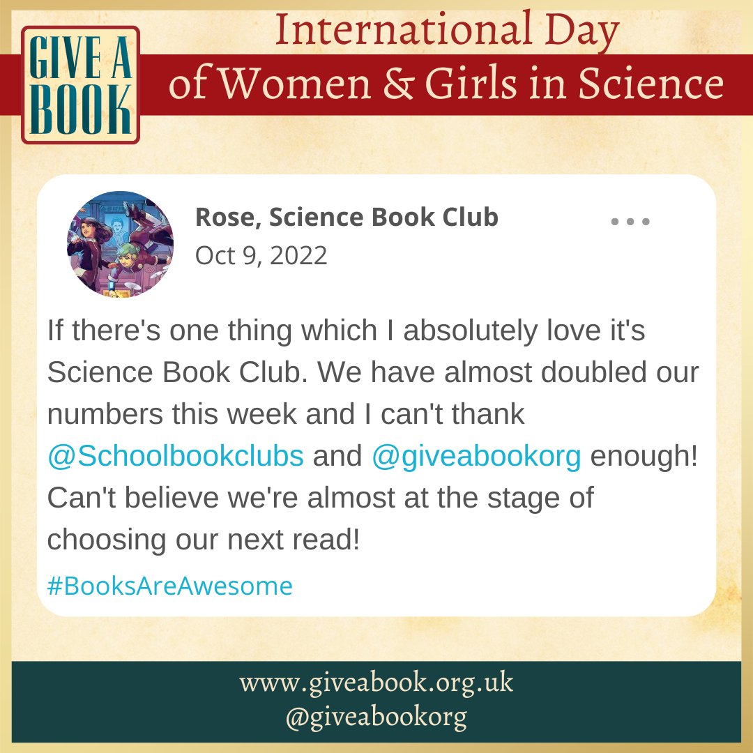 giveabookorg's tweet photo. 🔬#InternationalDayOfWomenAndGirlsInScience 🚀
This #ScienceBookClub is a massive hit with pupils & we love seeing their feedback about the books we've provided✨📚
#BooksAreAwesome #GiveABook @Schoolbookclubs @HeatherEinhorn #TheCurieSociety @FPHSScience #Books #Science https://t.co/MYak6TxcFb