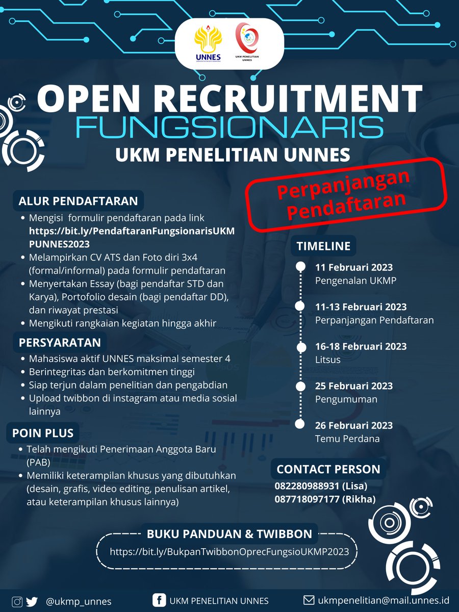 ukmp_unnes's tweet photo. [PENERIMAAN FUNGSIONARIS BARU UKMP 2023 DIPERPANJANG]
🔊🔊🔊

Formulir Pendaftaran :
https://t.co/NHXvsQSsIb

Buku Panduan :
https://t.co/SlWGowjd97

#UKMPenelitianUNNES
#UNNES
#UKMP
#UniversitasNegeriSemarang
#OpenRecruitmentFungsionaris2023 https://t.co/PZXjGre1VL