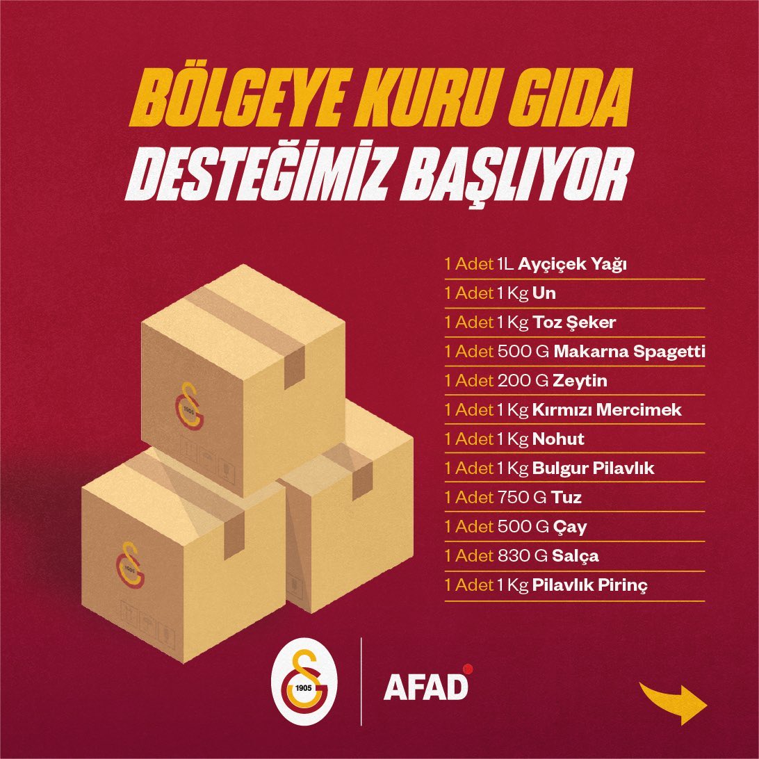 GalatasaraySK's tweet photo. Galatasaray Spor Kulübü olarak @AFADBaskanlik koordinasyonuyla afet bölgesine kuru gıda yardımı yapıyoruz. 

Afet bölgelerimizde ihtiyaç büyük, hedefimiz tanesi 300 TL değerinde 100.000 koli. 

Kulübümüze desteklerinizi bekliyoruz.

Detaylar 👉 https://t.co/CupzCyusMA https://t.co/as4NiyMNUl