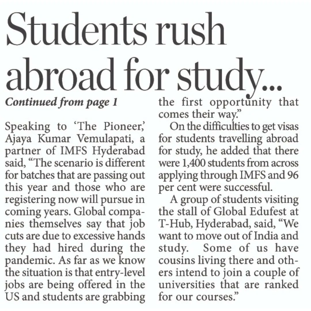 imfshyd's tweet photo. IMFS Global  Edufest 2023 Press Coverage

Global EduFest 2023 made it to the news headlines. Here are some of the clippings..

#IMFS #IMFSHyd  
#StudyAbroad #EduFest2023
#GlobalEduFest2023 https://t.co/eVOed7NxYM