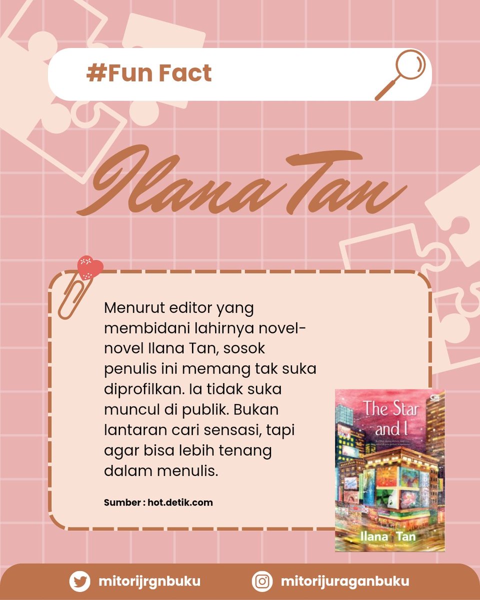 mitoreadbooks's tweet photo. #FunFact penulis metropop satu ini memang keren, sih.
Siapa yang sampai sekarang penasaran siapakah sebenarnya #IlanaTan ini? https://t.co/XKhqJkHl9F