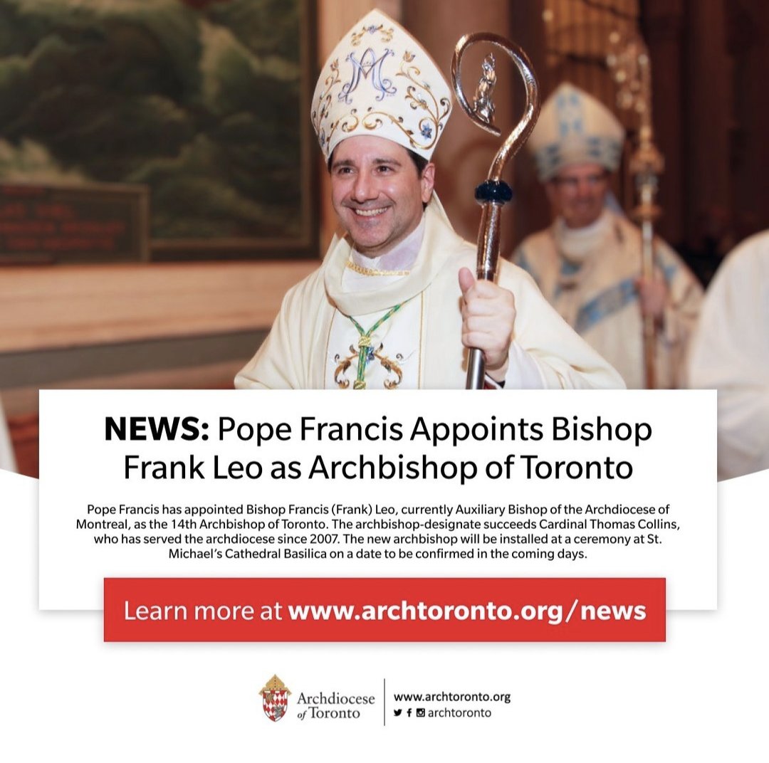 NEWS: Pope Francis Appoints Bishop Frank Leo as Archbishop of Toronto bit.ly/news-BishopLeo #catholicTO <a href="/archtoronto/">Archdiocese of Toronto</a> <a href="/IonaCatholic/">Iona Catholic Secondary DPCDSB</a> <a href="/StHelenDPCDSB/">St. Helen DPCDSB</a> <a href="/STLOUISdpcdsb/">St. Louis DPCDSB</a> <a href="/stchris_dpcdsb/">StChris_DPCDSB</a>