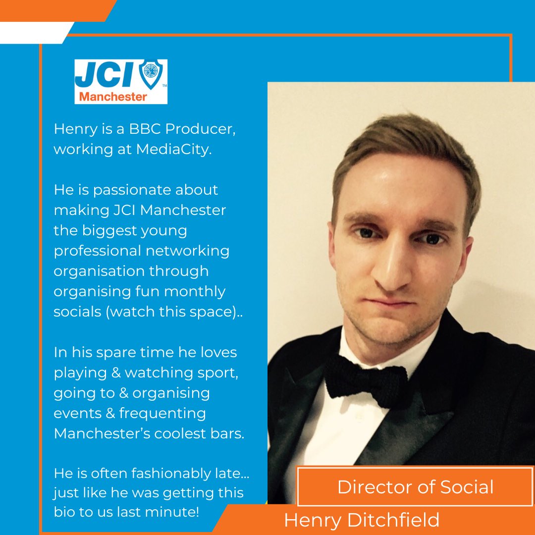 Penultimately, we have one of our Social Directors. Henry is currently in Austrailia 🦘but as soon as he's back in Manchester next month, he'll be helping to plan our social events throughout the year and making sure we're celebrating JCI's 75th year with a bang 🕺💃