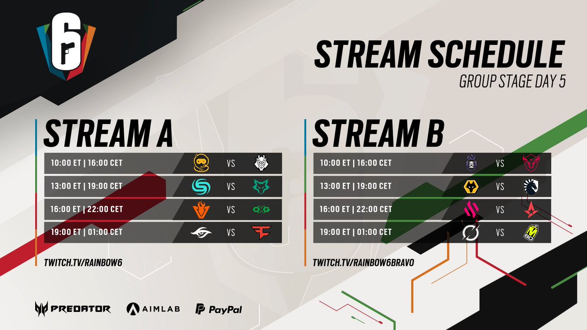 R6esports_FR's tweet photo. Le planning du Jour 5 est disponible ! 

🔹Début du stream : 15h30
🔹@WolvesEsports : 19h
🔹@TeamBDS : 22h

En live :
➡ https://t.co/v9lizmQkaI

#SixInvitational https://t.co/UDAylWUcHq