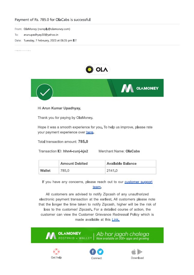 ArunKumarUpadh1's tweet photo. I had Rs 2926 in OLA Money. Rs 785 was paid from this on 7th for ride from Anand Vihar Terminus to Acura BMK. For return ride on 10th, Rs 829 was paid from OLA Money, leaving a balance of Rs 1312. Rs 829 again demanded and OLA deposit of Rs 1312 denied. https://t.co/1duZlybx8T