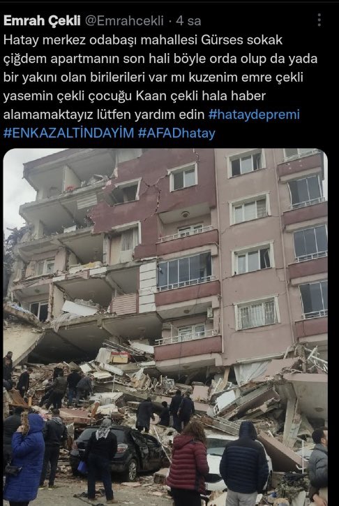 uygarkent's tweet photo. Doğrudur, organizasyonda bir öncelik kriteri vardır, şu saat olmuş, yardım gitmeyen bu binada, kriter nedir? #hataydeprem #odabasımahallesi #AFADhatay  @lokmanyanik @haluklevent  @ahbap @BabalaTv  @OguzhanUgur https://t.co/zsdwwuMSuR