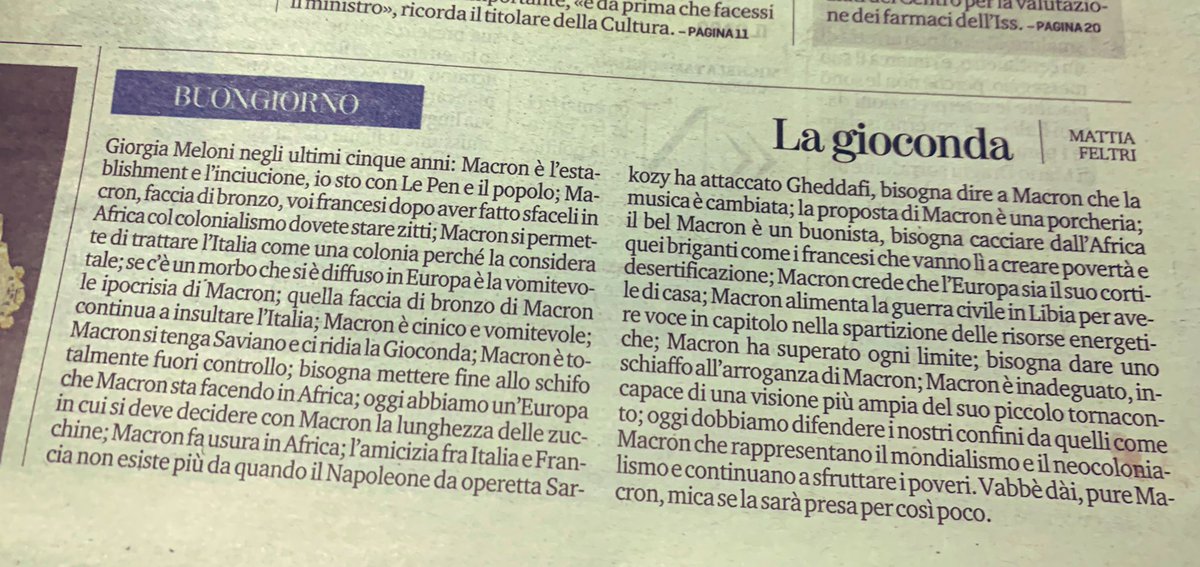 OGiannino's tweet photo. C’è chi ricorda. In 28 righette @mattiafeltri mette in fila alcuni dei tanti epiteti riservati negli anni a Macron da chi oggi guida governo ITA. Poi ti stupisci che te la facciano pagare… https://t.co/qxP3t2RriW