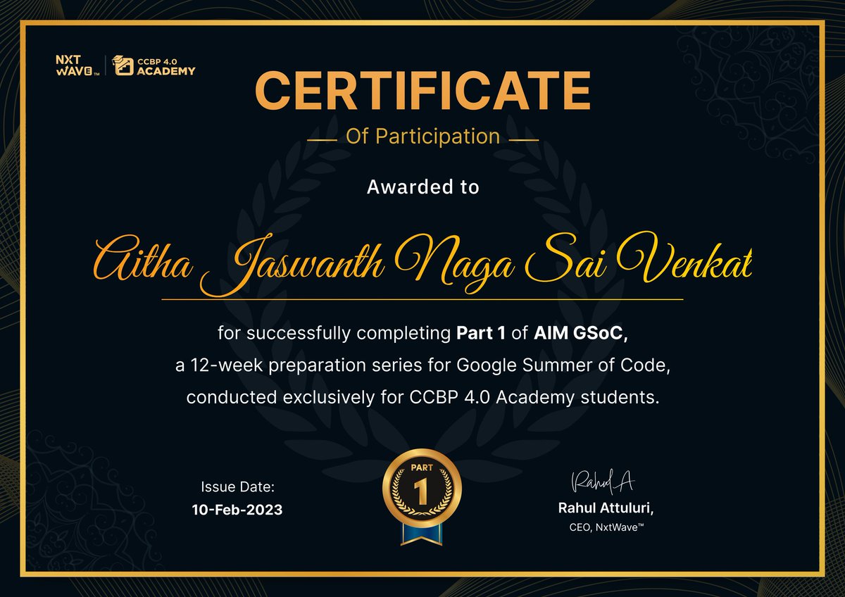 jaswanth_aitha's tweet photo. Certificate of Participation for successfully completing Part 1 of AIM GSoC.@nxtwave_tech #Nxtwave #CCBP #AimGSoC #GSoC https://t.co/VVBbG1SNpx