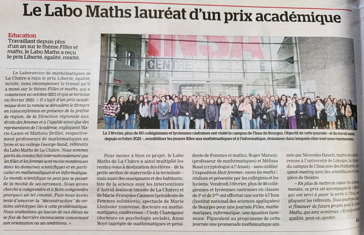 DrilletMathieu's tweet photo. Merci à @LEchoduBerry qui retrace l'année #FillesetMaths du #LaboMaths de La Châtre récompensé par le prix #PLEM de l'@ac_orleanstours.
#LaboMaths_OT https://t.co/lMuiosRsf8
