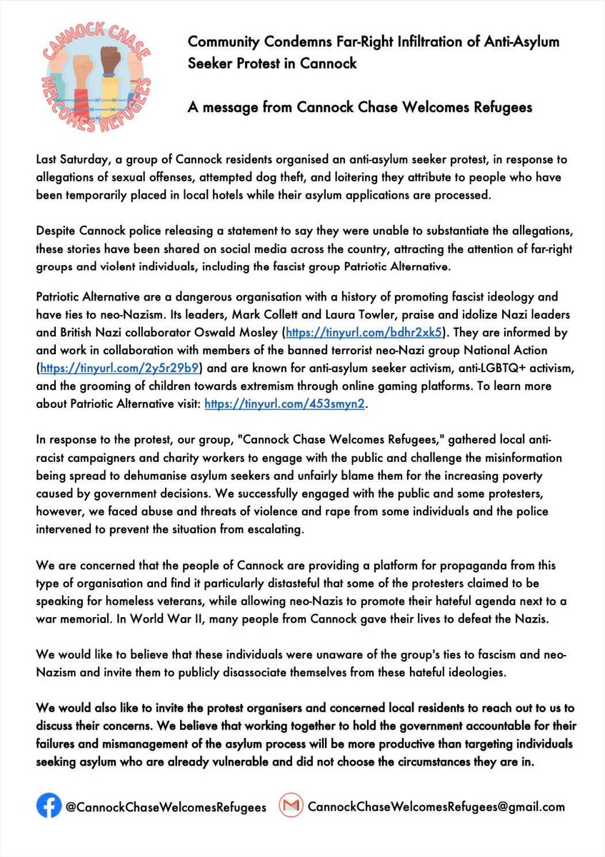 Last Saturday, Cannock faced an anti-asylum seeker protest fueled by misinformation & fear. Please join us to hold the government accountable & condemn the targeting of vulnerable individuals seeking asylum. #CannockChaseWelcomesRefugees #RefugeesWelcome #EndTheHostileEnvironment