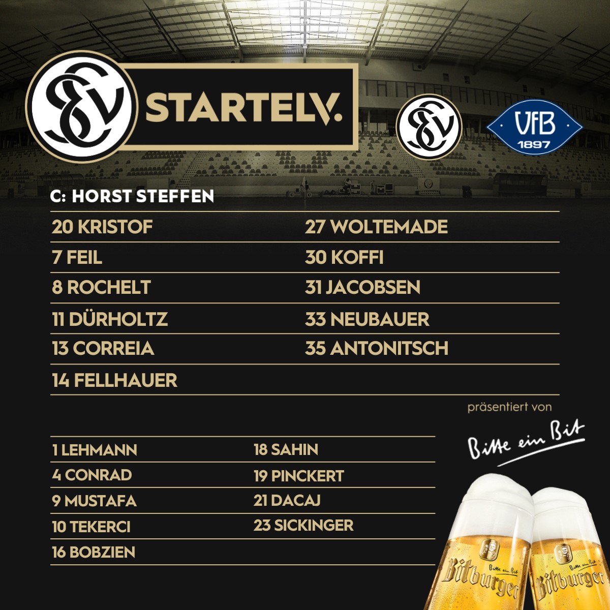 SV07Elversberg's tweet photo. Und hier ist unsere Aufstellung gegen den @vfboldenburg: Für den verletzten Luca Schnellbacher rückt Kevin Koffi in die #Startelv, der Rest ist unverändert gegenüber dem 4:0 Erfolg in Saarbrücken. 
 
🖥 Magenta Sport 
@MagentaTV &amp; SR

#ELVVFB #DieElv #UnsereElv #NurDieSVE https://t.co/osLspGwHcY