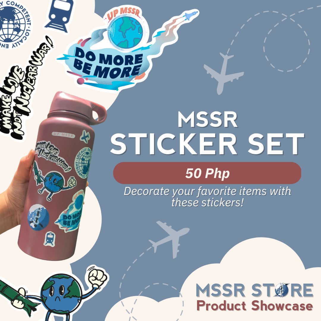 upmssr's tweet photo. Choose to flaunt your MSSR love by purchasing an enamel pin of our logo, or our Sticker Set that depict the essence of UP MSSR! 🌎 

Browse other MSSR Store accessories and products via 👇
https://t.co/BYPcUjgEPE

What are you waiting for? It’s time to #DoMoreBuyMore 🛍️🛒 https://t.co/Fe5NKLqoco