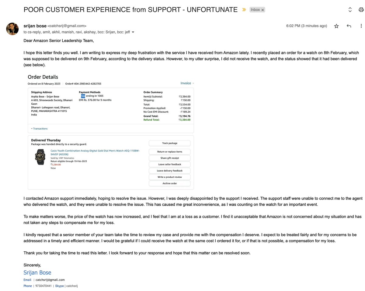 catchsrij's tweet photo. @amazonIN @AmazonHelp @amit
As a frustrated customer, please take some time out to read through the below. Highly disappointed with the #amazon #support and #service https://t.co/2e7qAqgP66