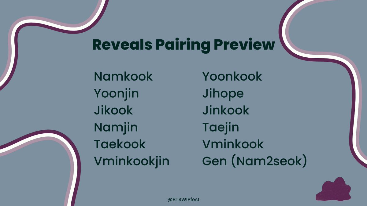 BTSWipFest's tweet photo. Here's a look at the pairing breakdown for Round 1 of reveals 👀 

We'll be starting reveals start in 2 hours! 👏👏👏
Are you ready?? https://t.co/ZNhDXqy2y0
