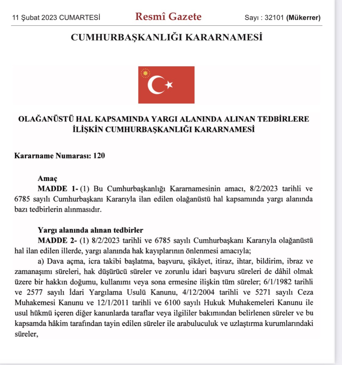 burakaslanpinar's tweet photo. #deprem nedeniyle hukuki sürelerin durmasına ilişkin karar Resmi Gazete’de yayımlandı. Süreler 06.02.2023 tarihinden itibaren duracak. Önemli ve ilginç düzenlemeler var. Hak kaybına uğramamak için dikkatli olunmalı. https://t.co/ZkXiHeBA4Y ilk bakışta dikkat çeken ayrıntılar + https://t.co/GZIfirYbZs