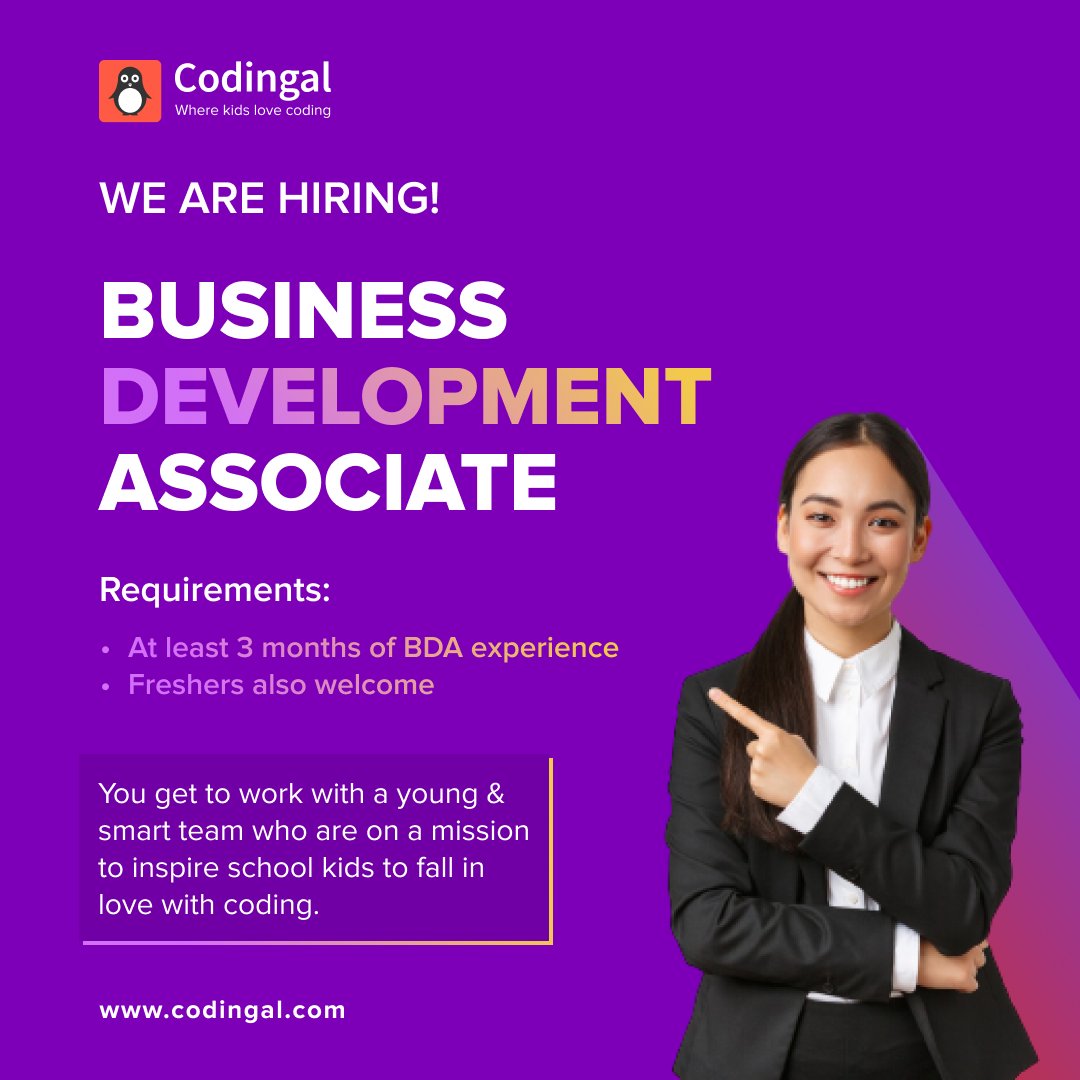 codingal's tweet image. We are looking for a passionate Business Development Associate.
Location: Bangalore
Join us now. To apply click on this link ๐ : cdg.al/zlN2j
#codingal #hiring #hiringnow #job #businessdevelopment