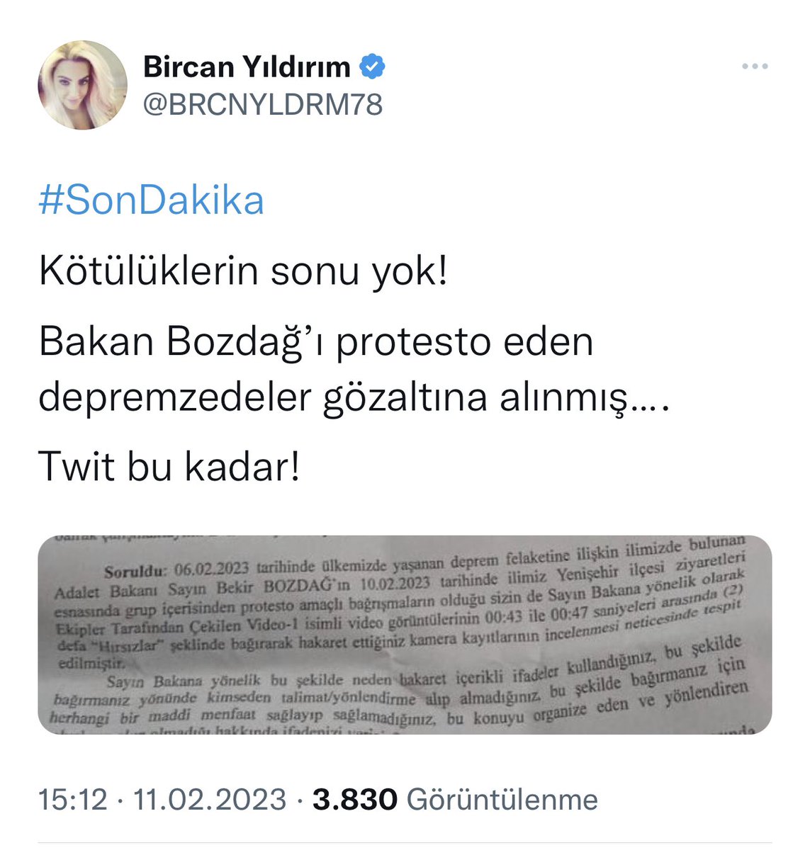aslandegirmenci's tweet photo. Adalet Bakanlığı yetkilileri ile görüştüm.
Hiçbir depremzedenin gözaltına alınmadığını, sadece bir kişinin gözaltına alındığını, onun da en kaz altında bir yakının olmadığını, provokasyon için orada olduğunu öğrendim..

Yeter! Psikolojik harp yürütmeyin.

https://t.co/yZZx7OsKlP https://t.co/zDv6cI0WiI