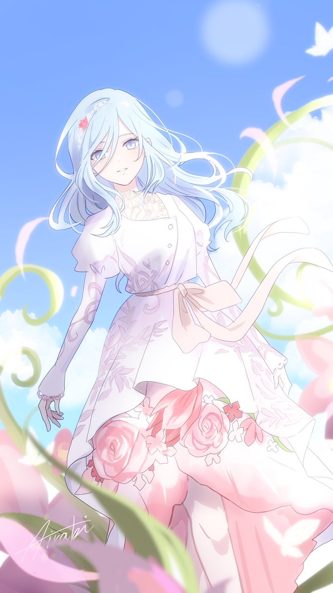 1girl flower dress blue hair solo sky blue sky  illustration images
