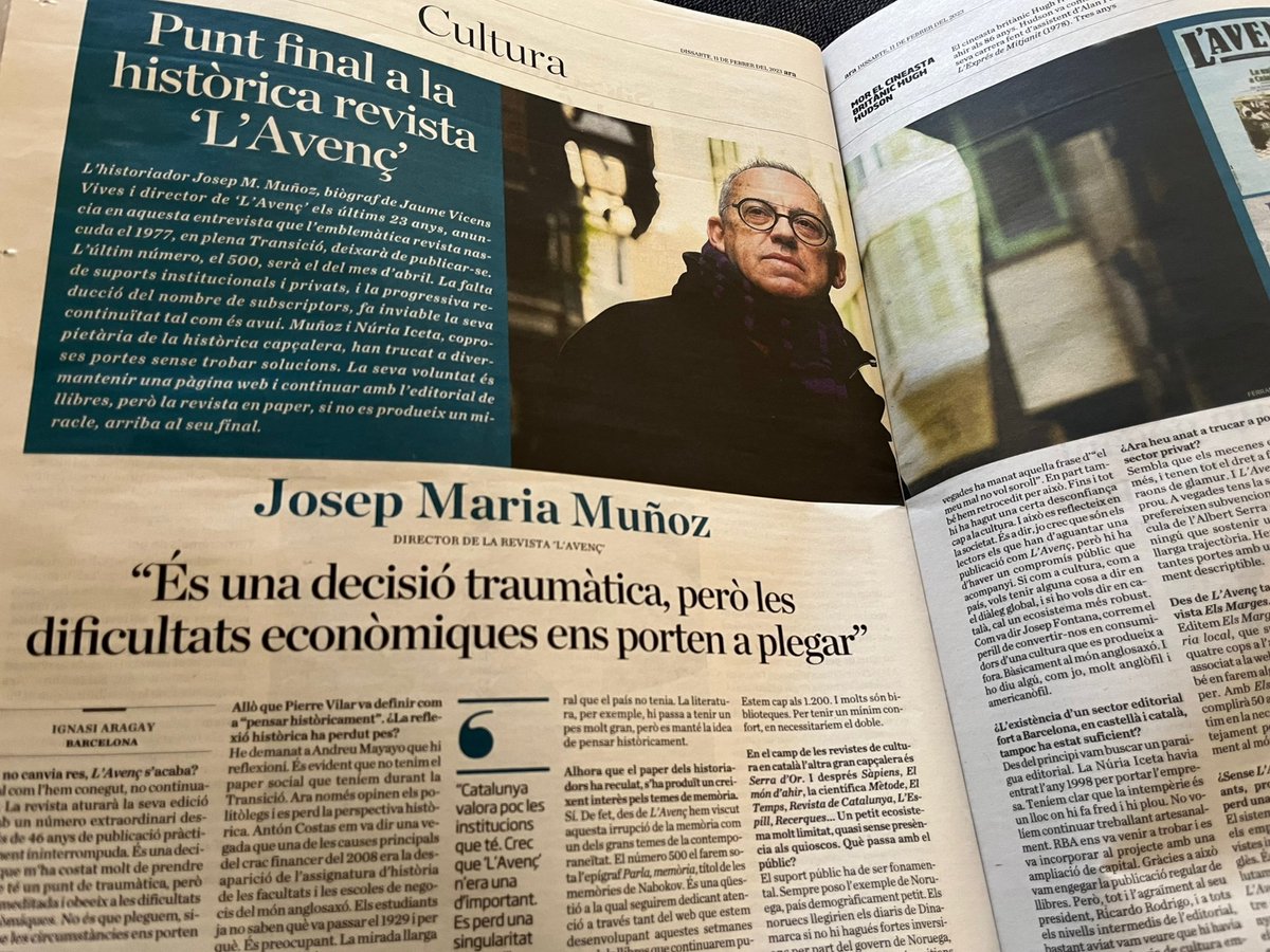 Que plegui <a href="/L_Avenc/">L’Avenç</a> és una molt mala notícia per a la cultura i pel país.  Una molt bon entrevista d'<a href="/Ignasiara/">.</a> al seu director, Josep Maria Muñoz, que ens hauria de fer pensar. Realment ningú pot invertir-hi  <a href="/cultura_cat/">Cultura</a> ?
