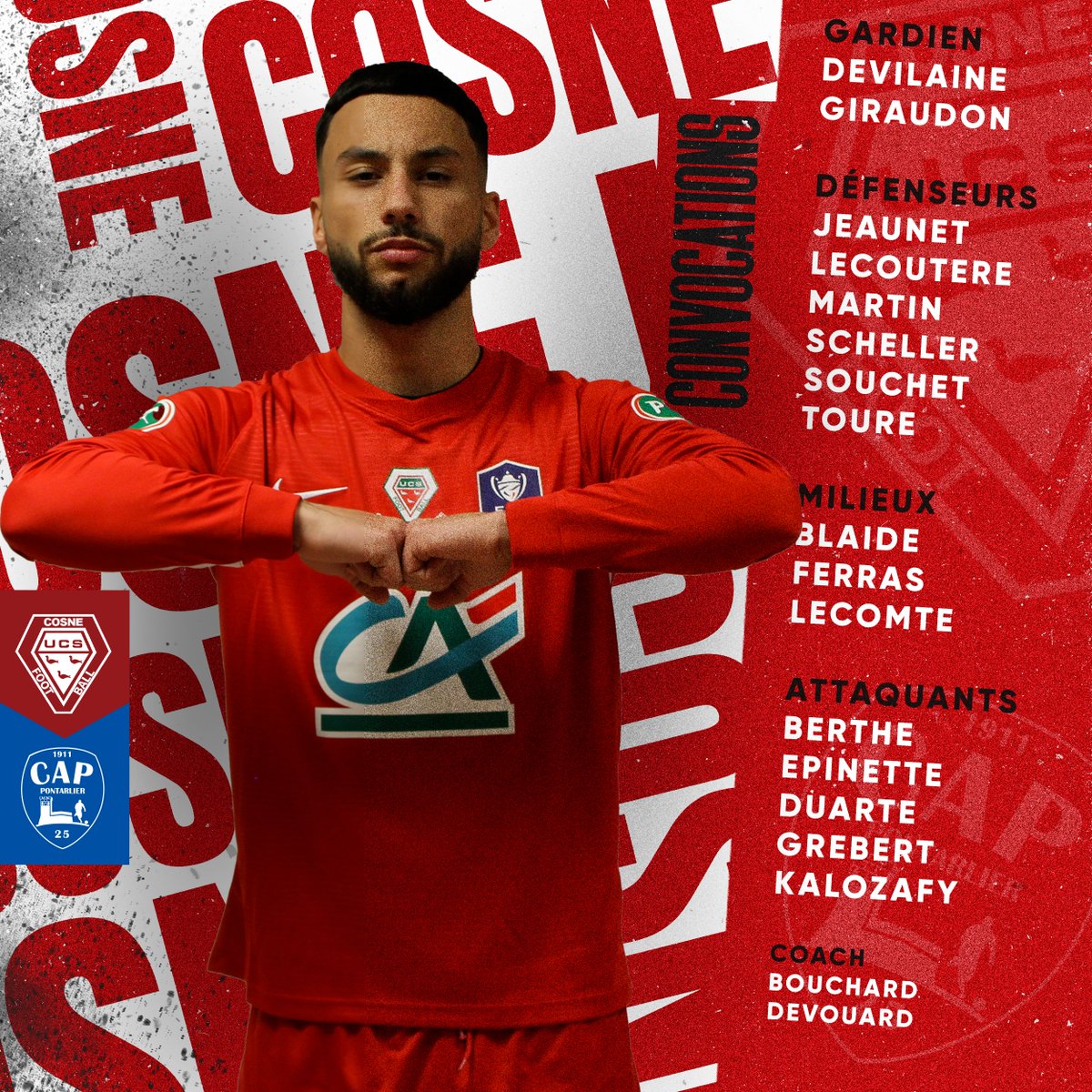 UCS_Cosne_Off's tweet photo. 🔴⚪️ 𝐔𝐂𝐒 𝐂𝐎𝐒𝐍𝐄 𝗏𝗌 𝐂𝐀 𝐏𝐎𝐍𝐓𝐀𝐑𝐋𝚰𝐄𝐑 🔵⚪️

Découvrez la liste des 16 joueurs convoqués par Arsène Bouchard pour affronter le CA Pontarlier à 17H00 !

🏆 | 15ème journée de National 3
🏟️ | Stade Raphaël Giraux
🕓 | 11/02/2023
📺 | Match à suivre sur Fuchs Sports ! https://t.co/Ay65P56Kia