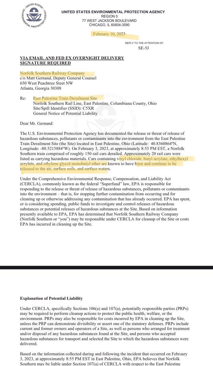 nickdrom's tweet photo. BREAKING: The @EPA release the legal notice letter sent to @nscorp detailing the extent of the disaster, with many details not previously disclosed concerning the #EastPalestine #chemicalspill https://t.co/NhAHHWdxqD