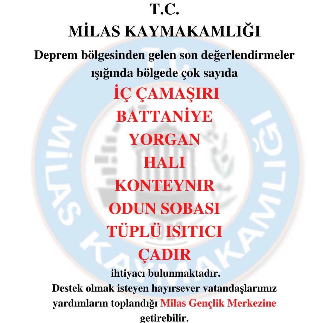 TCMilasKaymakam's tweet photo. Değerli Milaslılar, yardımlarınız Milas Gençlik Merkezine gönderebilirsiniz.        https://t.co/LJZEsmx6bQ https://t.co/rZeVrS02UQ