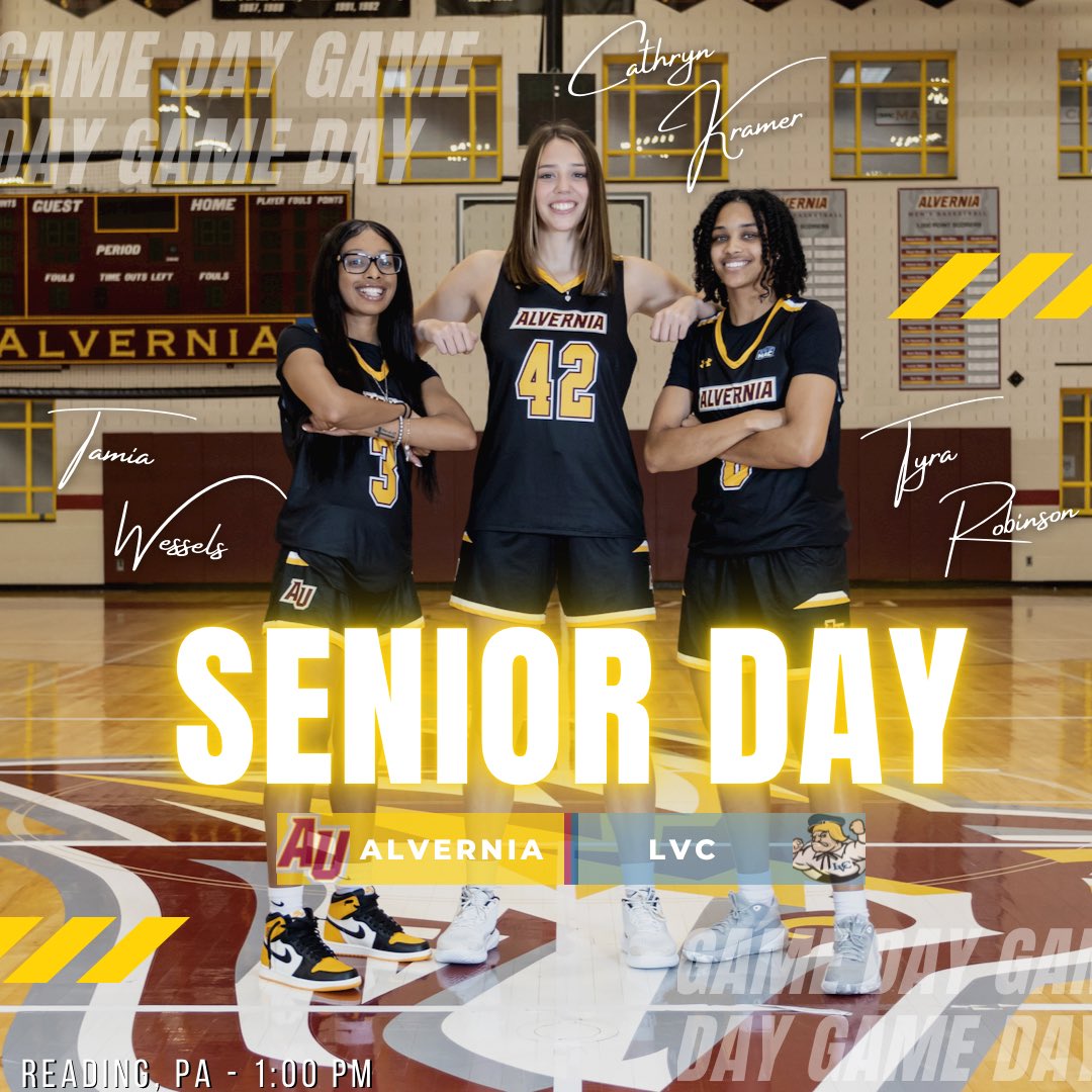AlverniaWbb's tweet photo. 🚨SENIOR DAY!🚨 Be sure to come out and celebrate our 3 Seniors, Tyra Robinson, Tamia Wessels, and Cathryn Kramer on their senior day game vs Lebanon Valley College!!! Tip-off is at 1:00 PM #auwbb #goldenwolves #earsup #gomacsports https://t.co/KvKyuCNtvW