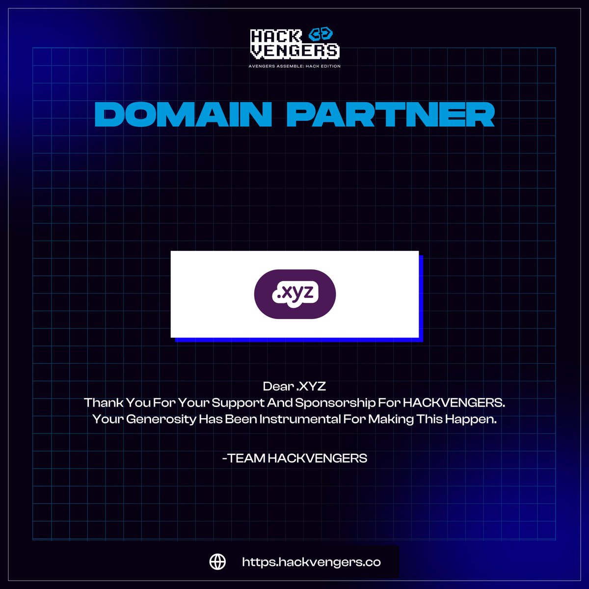 Hack_Vengers's tweet photo. Hackvengers is delighted to announce @xyz  our Domain partner for hackvengers Avengers assemble : hack edition.

Thank you  @xyz  for their support in making @Hack_Vengers  a success https://t.co/PPHiP4AYo8