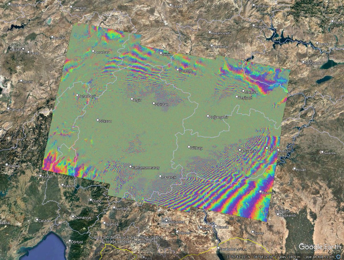 jacokempEO's tweet image. Quick processing of @ESA_EO Sentinel-1 interferogram showing displacement phase between 2023-01-29 and 2023-01-10 of the Turkey Earthquake. Scary stuff! 😳 #TurkeySyriaEarthquake #Sentinel1 #interferogram #sar