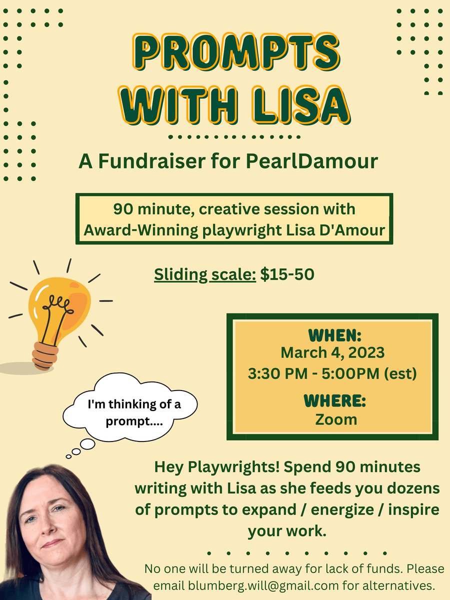 Join Lisa D'Amour on zoom for a group writing session, fueled by Lisa's specialized prompts. While these prompts are designed for playwrights, all writers are welcome! 
Get inspiration for your next project NOW! What are you waiting for? Sign up HERE:
forms.gle/5Mp5F4uWXsuooZ…